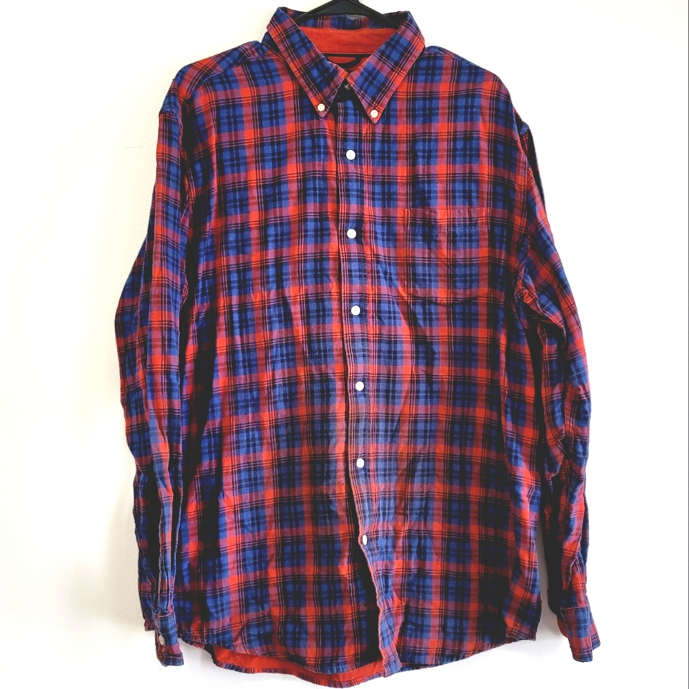 Chaps Blue and Rust Plaid Long Sleeve Collared Button Down Cotton Shirt Size XL